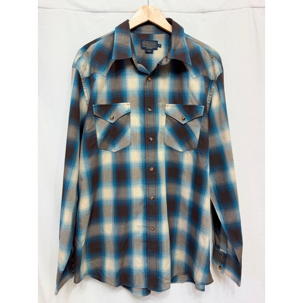 Pendleton Western Snap Plaid Shirt XL Blue Brown Cotton Blend Cowboy Pearl Snap